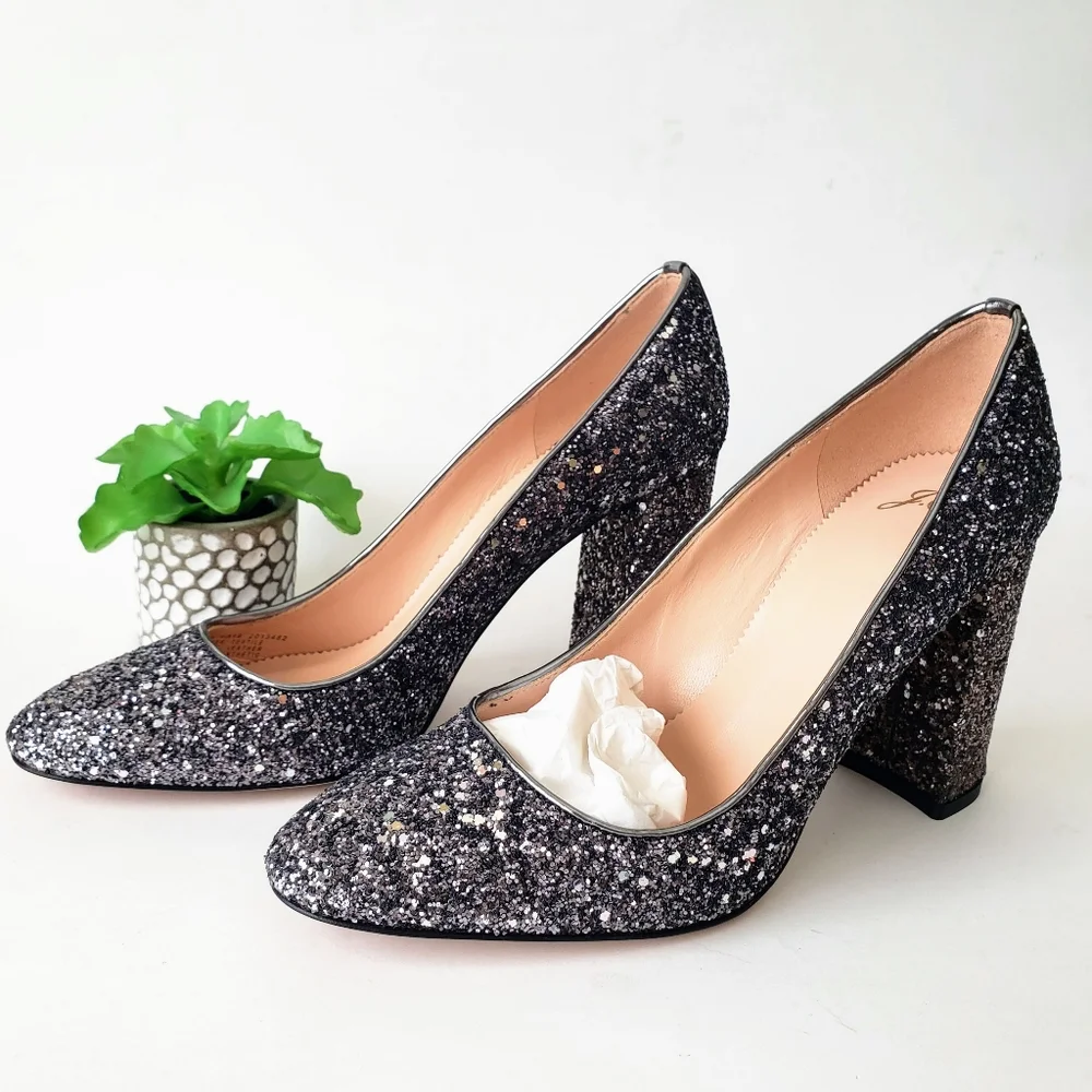 J. Crew Collection Etta Block Heel Pumps Grey Glitter SIze 8.5 New in Box